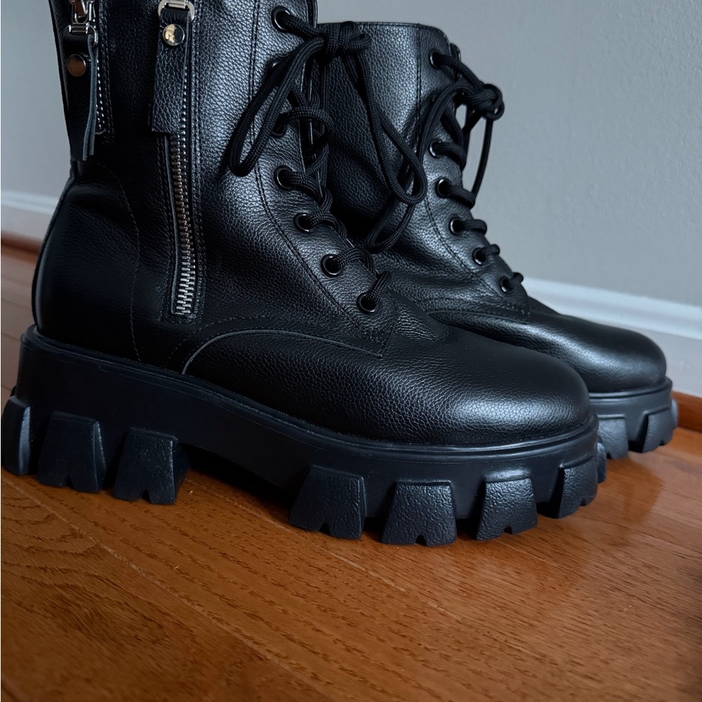 Prada Black Leather Combat Moto Boots